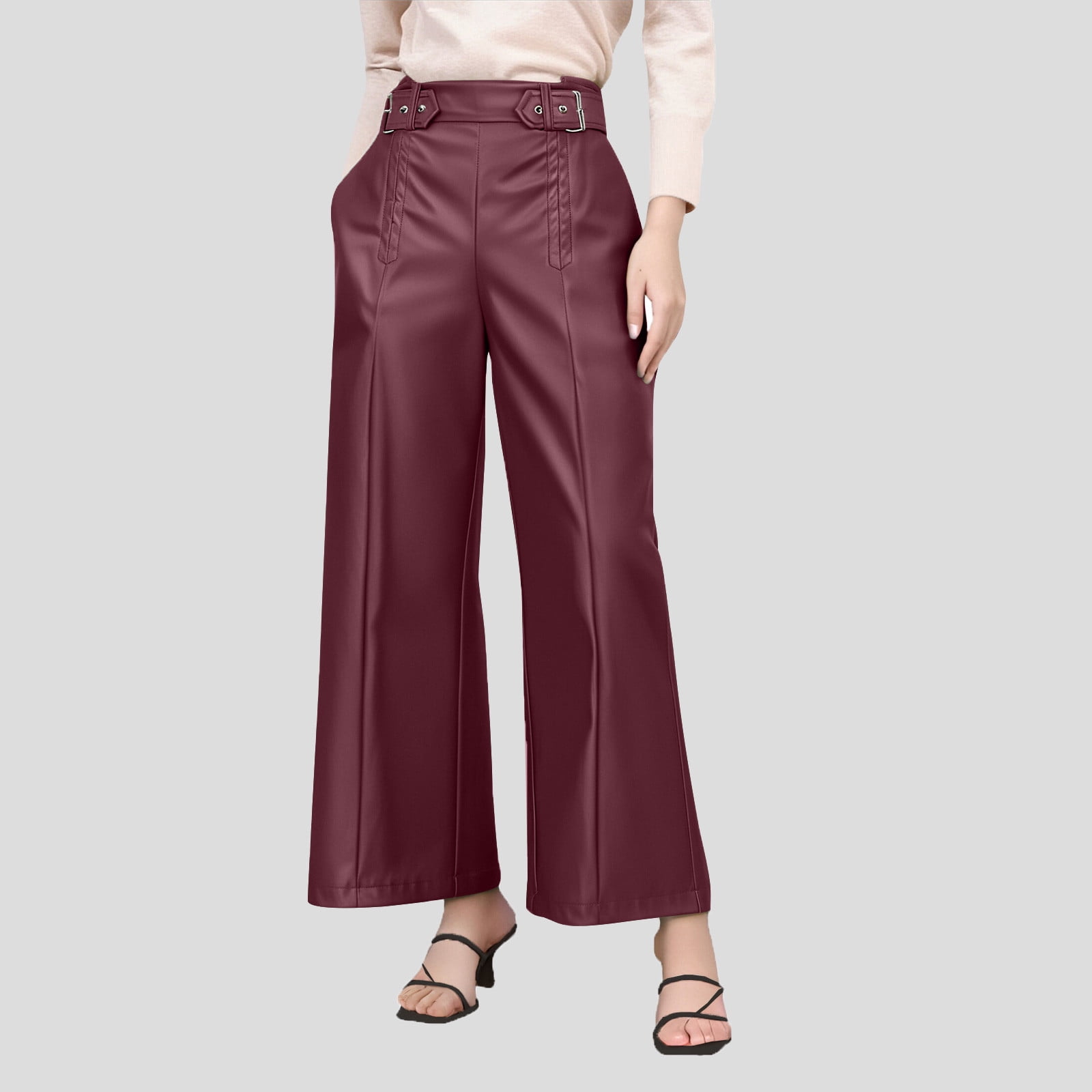 JGGSPWM High-Waist Wide Leg Pants with Belt for Women Sleek Faux Leather Trousers Wine S