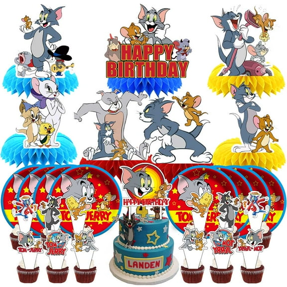 Tom and Jerry Party Supplies Decor Plates Fans Decorations Honeycomb Centerpieces Cake Toppers