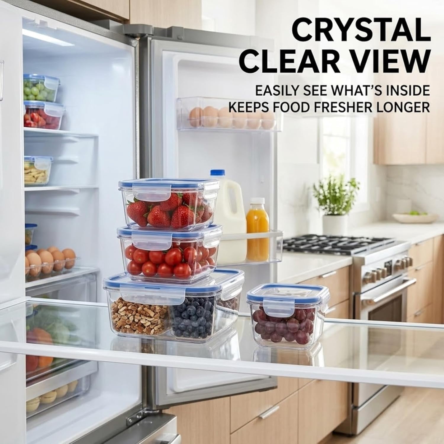 4 in 1 Food Storage Container,Produce Keeper Containers for Fridge-Including Drain Basket,Multifunctional Airtight Container