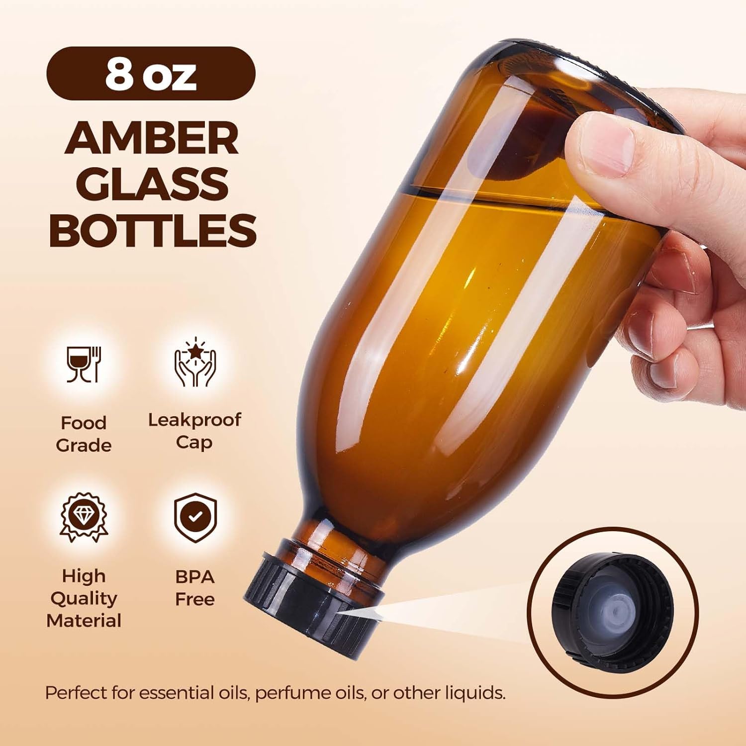 12 Pack, 8 OZ Amber Glass Bottles with Caps Leakproof Refilllable Empty Brown Boston Sample Dispensing for Homemade Vanilla Extract, Essential Oils, Potion, Juice, Ginger Shots, Liquids