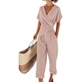 thumbnail image 2 of Women'S Outfits V Neck Cap Sleeve Crop Top Wide Leg Pant Sets Pink L, 2 of 7