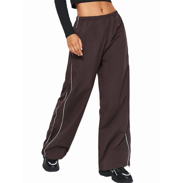 Pantalones de Paracaídas para Mujer, Pantalones Holgados de Pierna , Pantalones Deportivos con Cintura Elástica Y2K, Pantalones Deportivos, Ropa de Calle Color Café XL