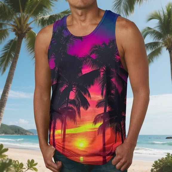 HaoXianJian Mens Sleeveless Tank Tops Workout Gym Shirts Hawaiian Print Palm Tree Vintage Style Beach Graphic T-Shirt Workout Tank Top Undershirts Plus Size S-4X