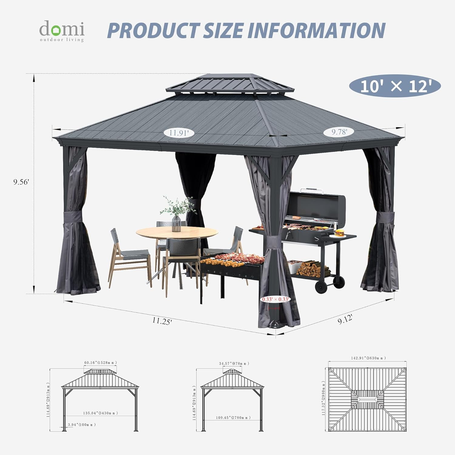 Domi Outdoor Living 10x12 ft Metal Frame Gazebo with Wood-Grain Resin Double Roof, Outdoor Pavilion with Curtains & Netting for Patio & Garden, Dark Gray
