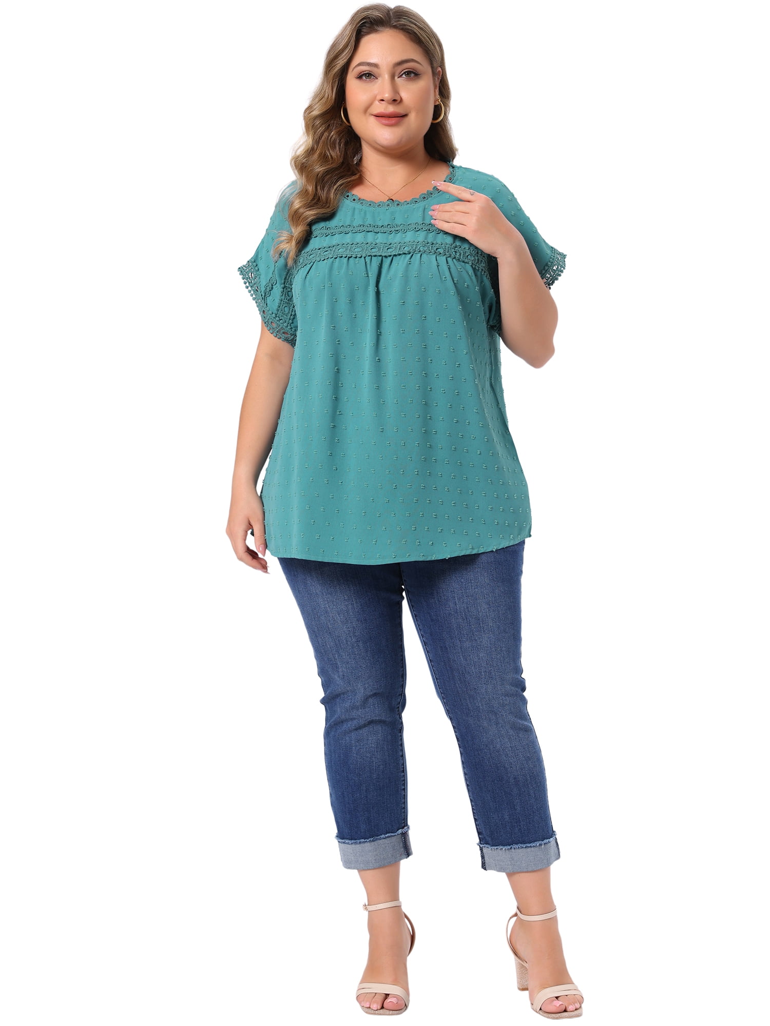 DARING DIVA Women's Plus Tops with Swiss Dots Crew Neck  Casual Blouses 4X Lake Blue