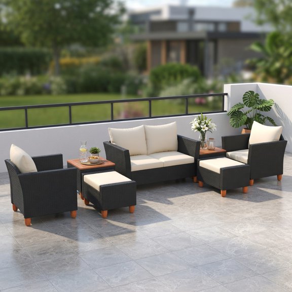 GVN 7 Pieces Patio Furniture PE Rattan Sectional Sofa Set with Armchairs and Table-white