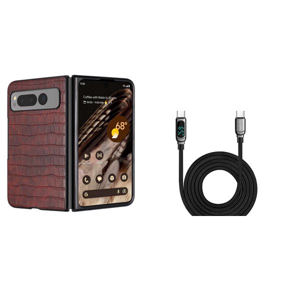 Bemz PU Leather Snap-On (Brown) Phone Case for Google Pixel Fold with Digital LED Display Fast Charging USB-C to USB-C Cable (3.3 Feet)