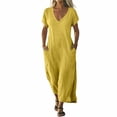 thumbnail image 3 of Women's Linen Cotton Blend Dress with Three Quarter Sleeves Pleated Solid, 3 of 9