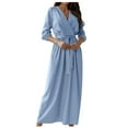 thumbnail image 1 of Robe à Manches Longues pour Femmes Décontractée Col en V Unie Automne Printemps Robes à Nouer Taille Évasée Ligne A Fluide Robe Maxi, 1 of 7