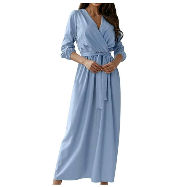 Vestido de falda con volantes ajustado en la cintura con cordones y temperamento de manga larga de Color sólido con cuello en V de primavera y otoño para mujer Pompotops hdfakjf8615