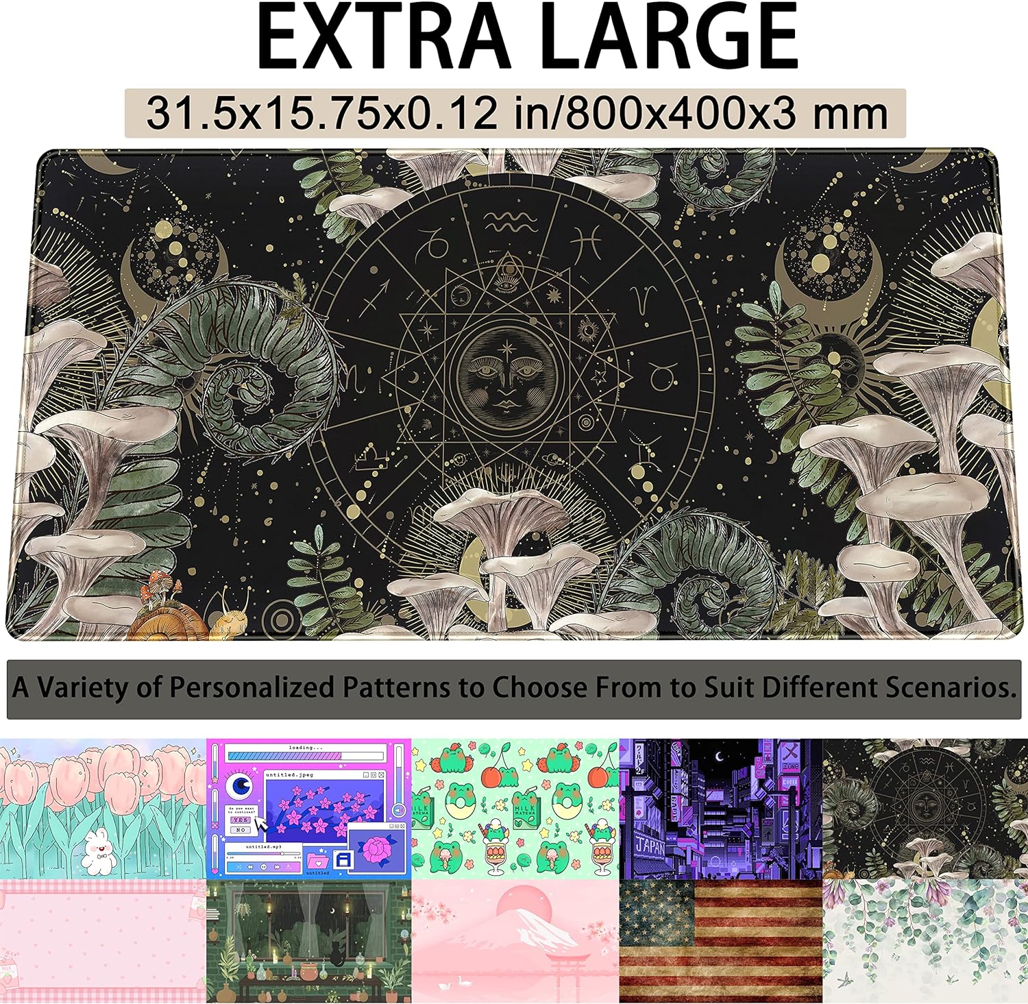 Moon Mushroom Gaming Desk Pad Cute Dark Tarot Mousemats Desk Mat, Forest Extended Large Anime Mouse Pad, Gamer Desk Decor Setup, Full Desk Mouse Keyboard Mat XXL, Laptop Desk Pad 31.5"x15.75"