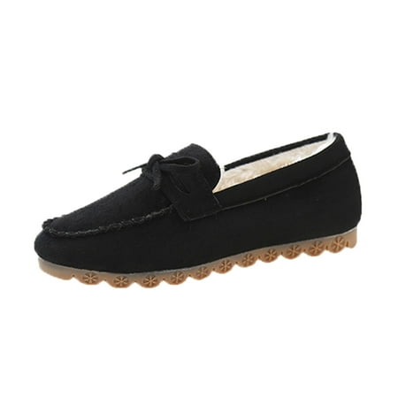 OJSFQUFP Womens Casual Shoes Women s Autumn and Winter Bow Soft Soled Slip On Flat Heels and Warm Single Shoes Women s Flat Shoes Black 41