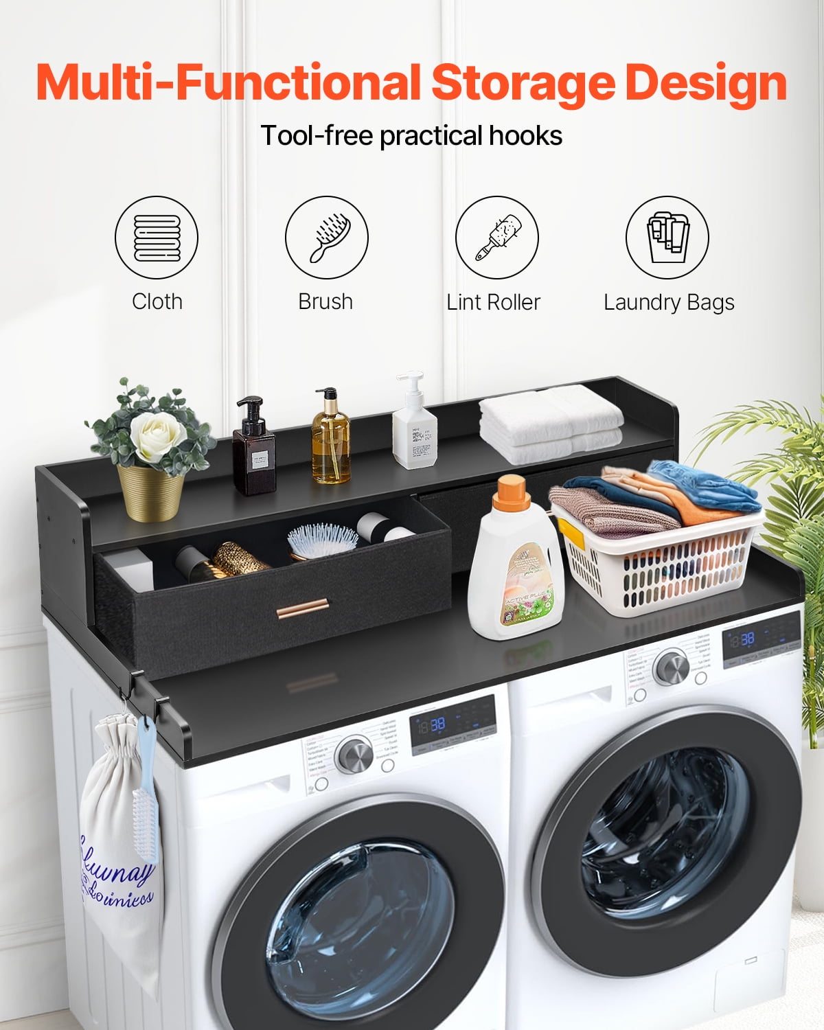 KFFKFF Laundry Room Organizer with Dual Drawers and Double Layer Shelf, 54" x 27" Wood Constructed Washer-Dryer Top, Equipped with Anti-Skid Pads, Water-Resistant Black Laundry Surface