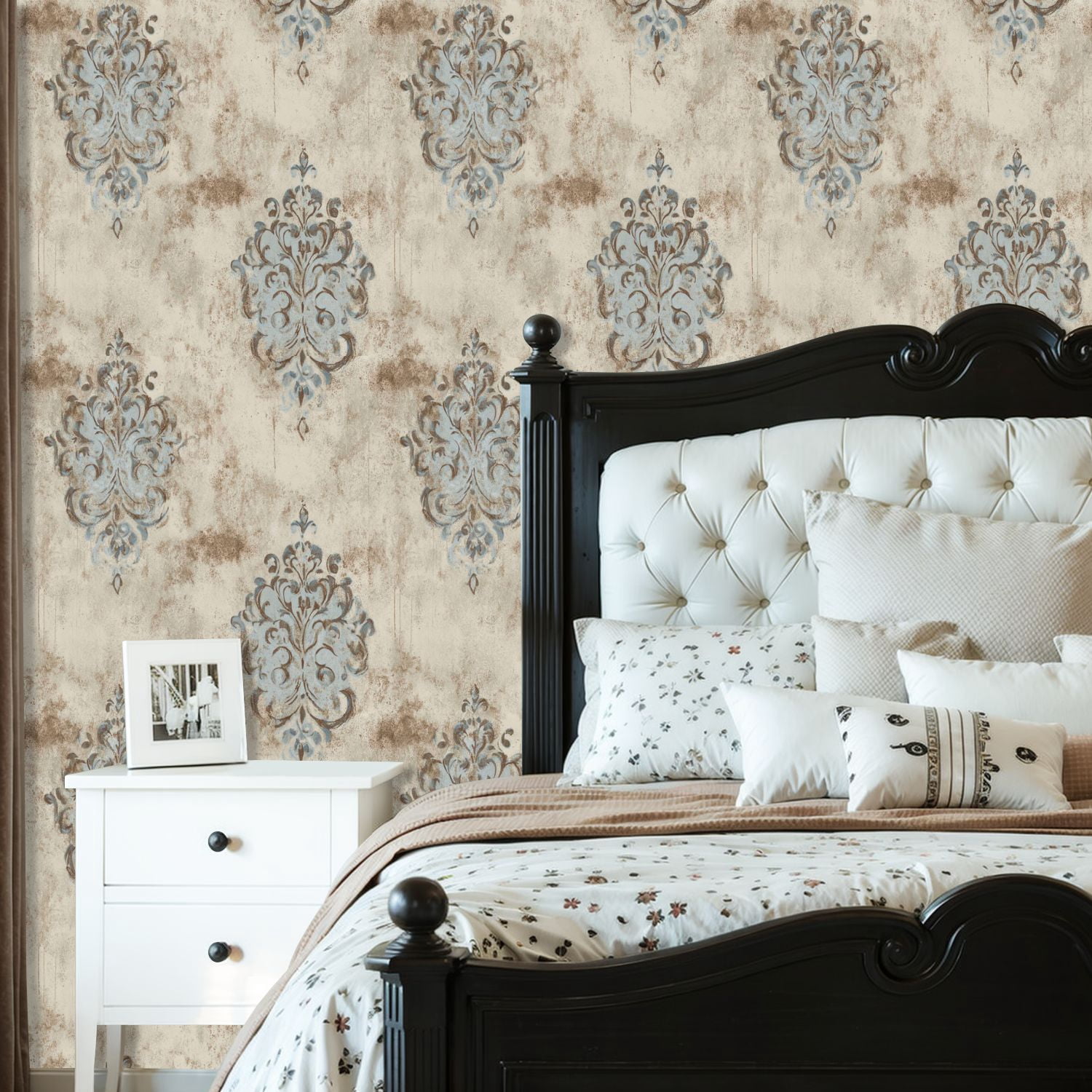 Boho Peel and Stick Wallpaper Vintage Blue Brown Damask Floral Distressed Contact Paper 23.6in x 9.8ft Wallpaper Removable Self Adhesive Wall Paper for Bedroom