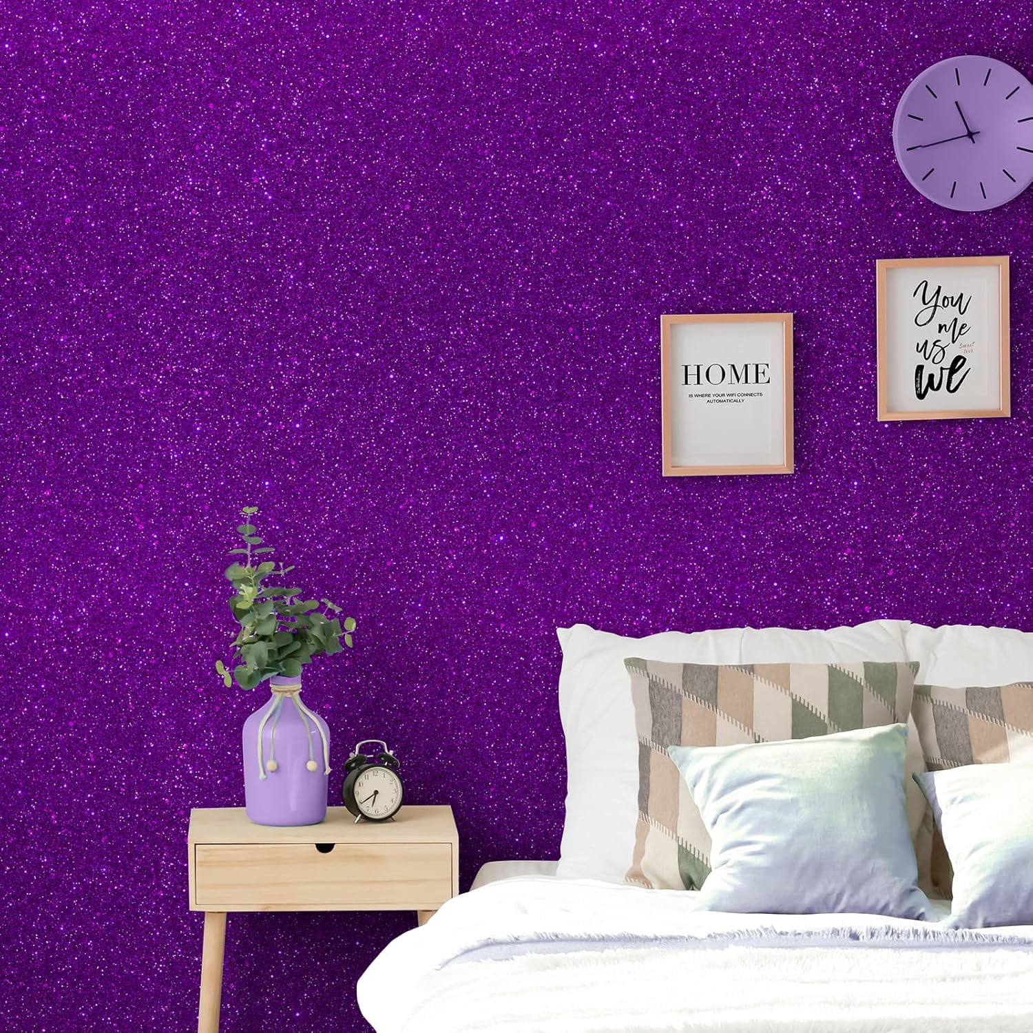 15.7''x236'' Dark Purple Glitter Contact Paper Peel and Stick for Bedroom Walls Self Adhesive Sparkle Glitter Wallpaper Decorative Removable Purple Wallpaper Fabric Roll for Cabinet Shelf Liner