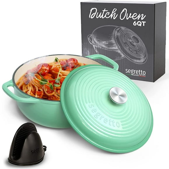 Segretto Cookware Enameled Cast Iron Dutch Oven with Handle, 6 Quarts, Verde Chiaro (Light Green) 6-quarts Stovetop Oven Cast Iron Dutch Oven | Enamel cast Iron Dutch Oven Cookware | Comes with Silico