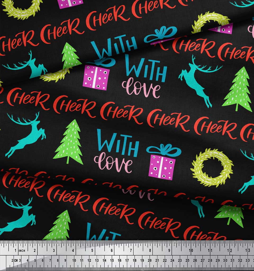 Soimoi Black Rayon Fabric Christmas Tree & Gift Text Printed Craft Fabric by the Yard 56 Inch Wide
