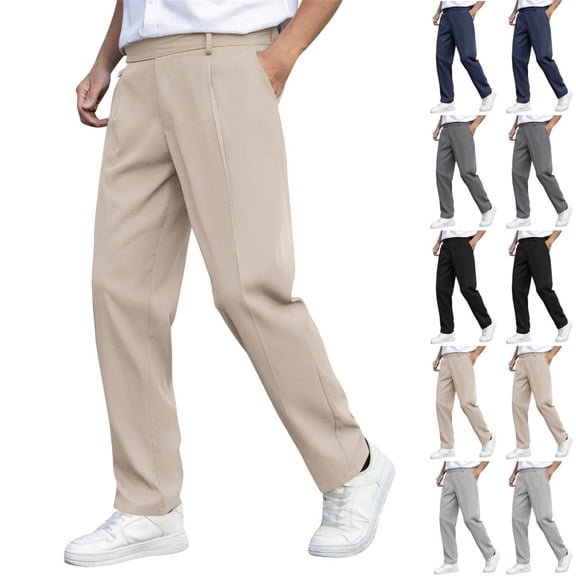 BXSRUTA Men's Pleated Casual Pants Straight Leg Dress Trousers With Pockets Elastic Waist Comfortable Daily Wear M-3XL
