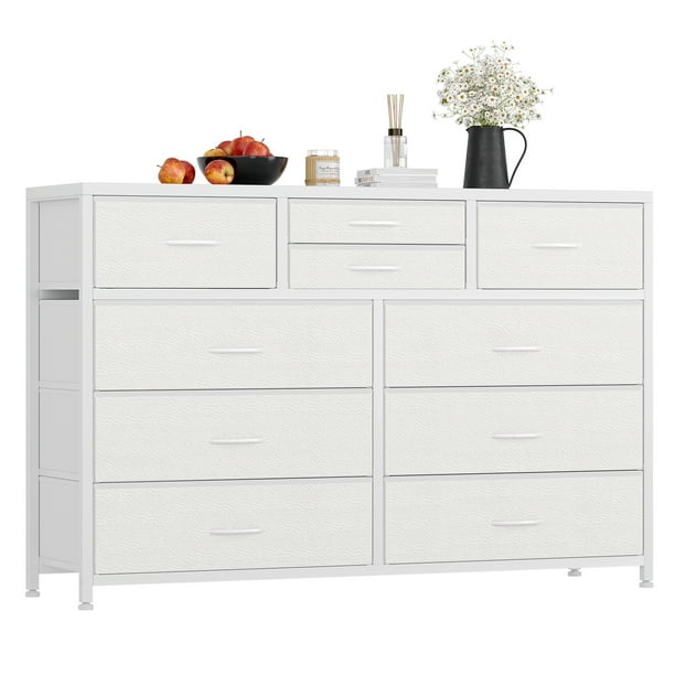 Cómoda Blanca de 5 Cajones para Dormitorio, Estructura de Madera Sólida con Patas de Metal, Cómoda Alta con Espejo y Gabinete, Fácil Ensamblaje, Ideal para Organizar Ropa y Accesor- Color cuero blanco