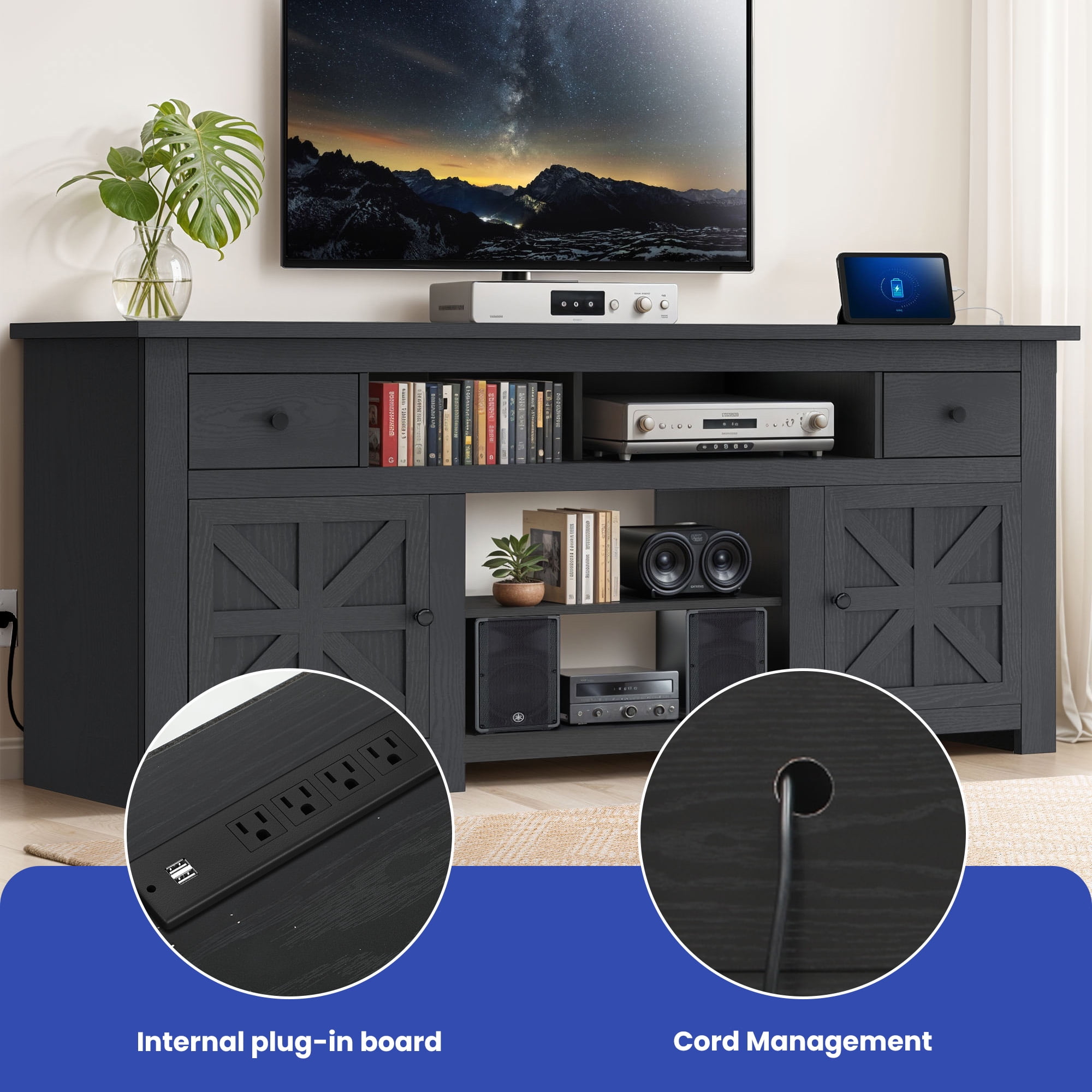 Uforic Farmhouse TV Stand for 75/80 Inch TV, Rustic Entertainment Center with Power Outlet, Storage Drawers, TV Console for Living Room, Black