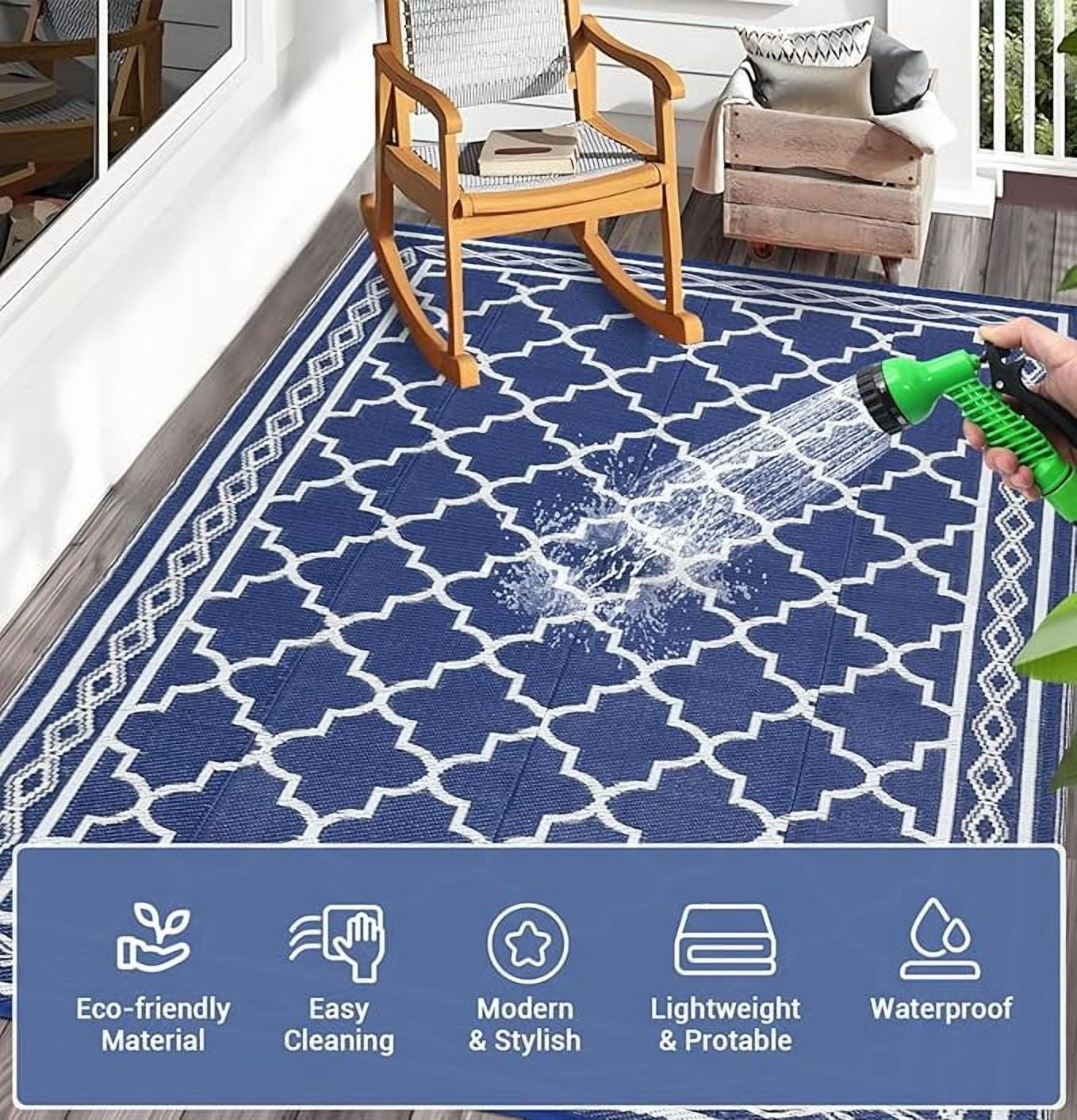 Outdoor Rug 8x10 Reversible Mats, Plastic Straw Rug, Large Floor Mat and Rug for Outdoors, Modern Area Rug, Patio, Backyard, Deck, Picnic, Beach, Trailer, Camping, Navy/White(Geometric)