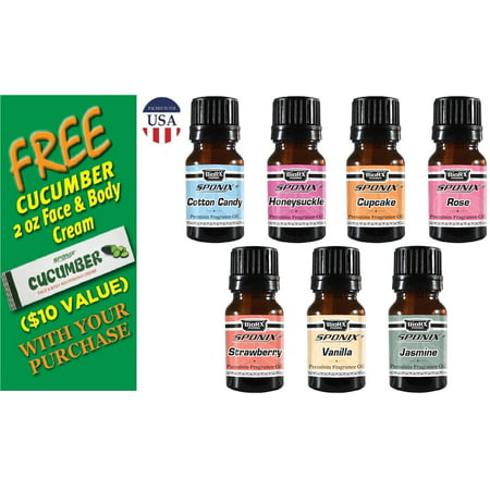 Top Fragrance Oil Gift Set - Best 7 Scented Perfume Oil - 10 mL - Cotton Candy, Frosted Cupcake, Honeysuckle, Jasmine, Rose Strawberry & Vanilla - with FREE Cucumber Cream - by