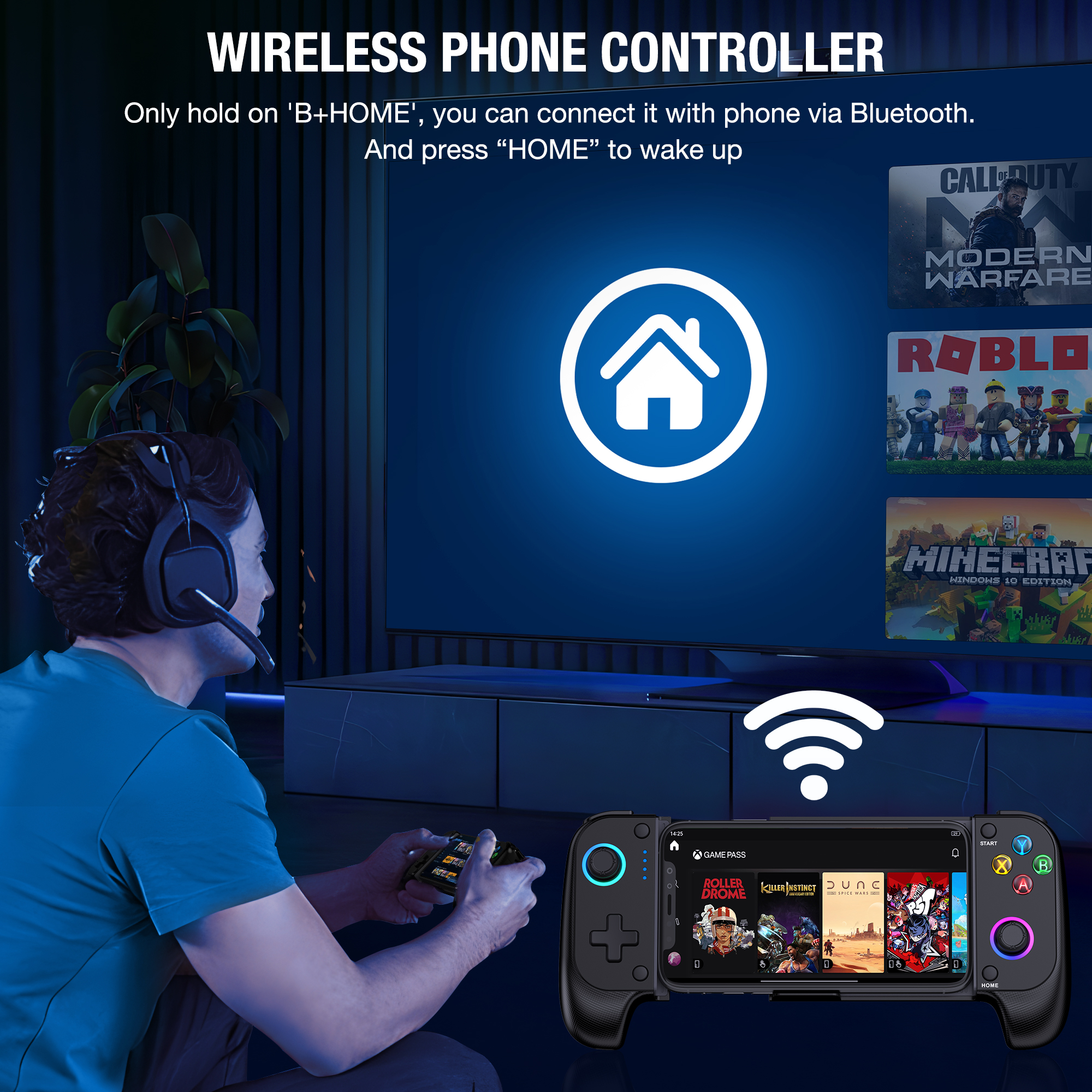 Beboncool Controlador de Juegos Móvil Inalámbrico Extensible para iOS Android, Joystick de Efecto Hall, Luz RGB, Turbo, Doble Vibración, Batería de 8H 5