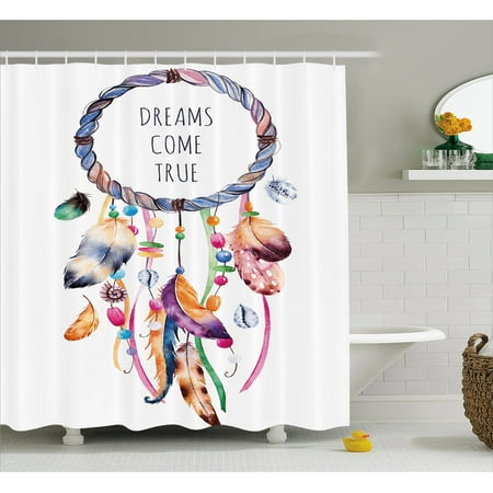 Native Americans Feathers - Feather Shower Curtain, Ethnic and Tribal Native American Dream Catcher Illustration Bohemian Style Image, Fabric Bathroom Set with Hooks, Multicolor, by Ambesonne