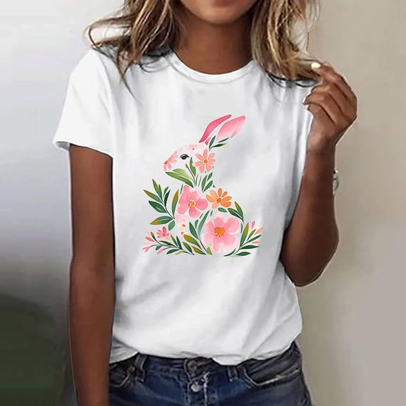 Jinhomg Womens Holiday T Shirts Elegant Floral Bunny Easter Day Shirts Casual Comfy Short Sleeve Crew Neck Holiday T-Shirt Spring Celebration Tops Multicolor L
