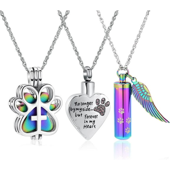 3 Pack Pet Cremation Jewelry Urn Necklace for Pet Ashes Paw Print Heart Cylinder Urn Keepsake Cremation Jewelry Perfume/Hair/Ashes Urn Necklace
