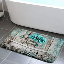Rustic Bath Rugs, Farmhouse Floral Teal Flower on Country Wood Plank Bath Mats, Turquoise Old Wooden Garage Door Non Slip Bathroom Rug Accessories Shower Mat Floor Mat for Kitchen Bedroom, (17X29)
