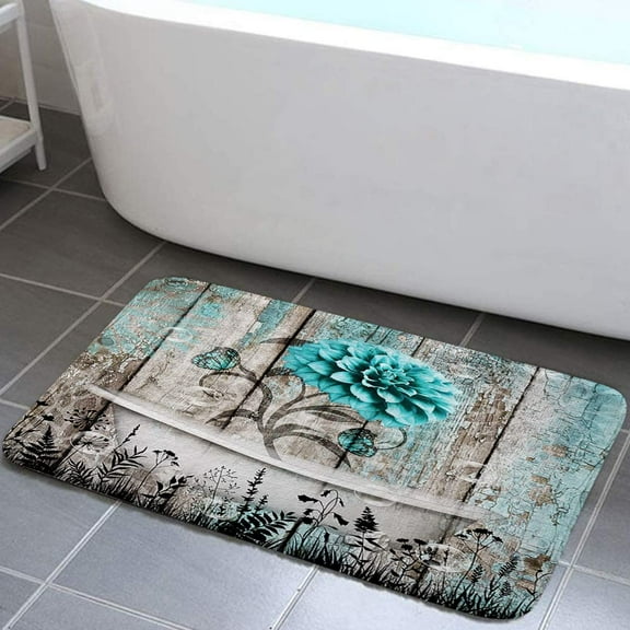 Rustic Bath Rugs, Farmhouse Floral Teal Flower on Country Wood Plank Bath Mats, Turquoise Old Wooden Garage Door Non Slip Bathroom Rug Accessories Shower Mat Floor Mat for Kitchen Bedroom, (17X29)