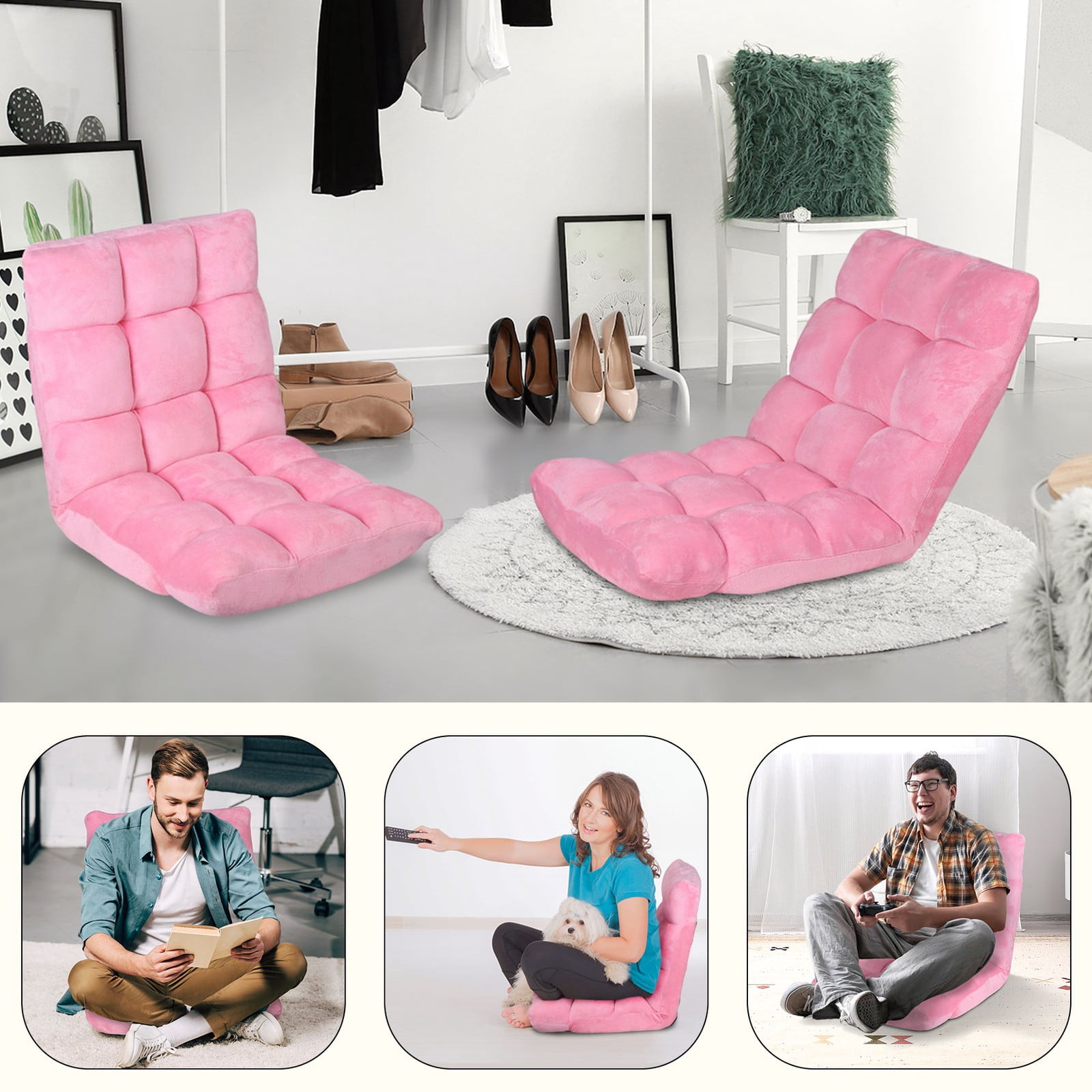 WDZS 14-Position Folding Floor Chair Gaming Sofa Cushioned Padded Reclining Bed Lounge Couch Seating for Comfy Reading, Reading, Gaming, Relaxing, Watching TV,Pink