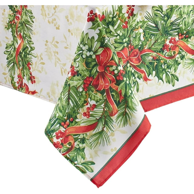 Home Fashions Holly Traditions Fabric Wrinkle Resistant Holiday Tablecloth, 60" x 102", Oblong, Multi