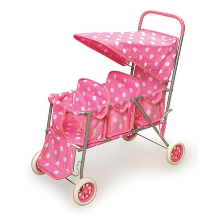 Badger Basket Folding Triple Doll Stroller - Pink/Polka Dots - Fits American Girl, My Life As & Most 18