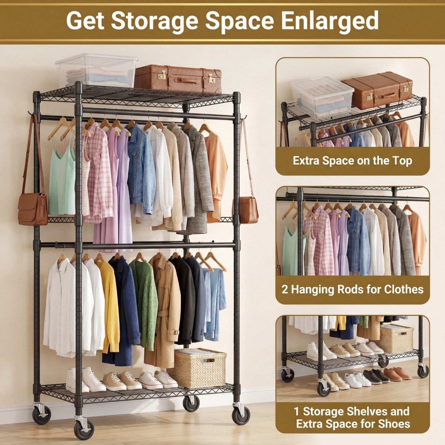 Sailvan Heavy Duty Rolling Clothing Rack, 300LBS Capacity Garment Rack with 4 Hanging Rods & 2 Shelves, Portable Closet, 35.5"W x 80"H,Black