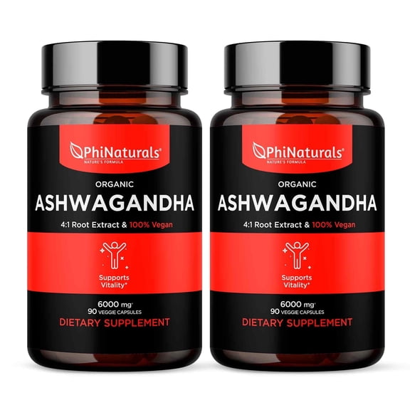Organic Ashwagandha Root Extract in Vegan Capsules - 2 Pack - PhiNaturals, Equal to 6000 mg Root, Supplement For Men and Women with 1500 mg Per Serving 30 Servings, 500mg Per Vegan Capsule 90 Count