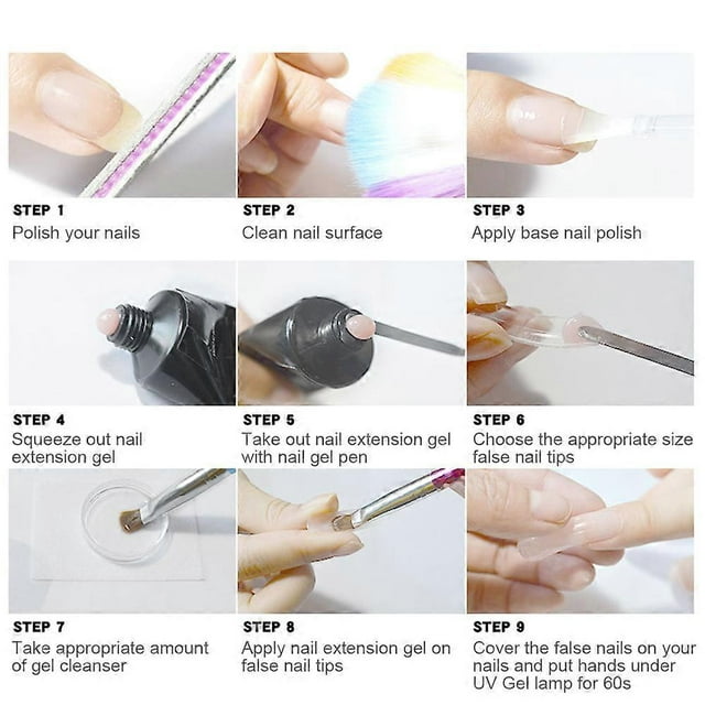 shiny nail extension gel kit with glitter uv extension gels brush false nail tips nail extension tips clip manicure tool set kit de extensión de uñas mostrado en montaje paso a paso: tubo de gel UV rosado brillante, pincel aplicador, picker, lima, clip y uñas postizas transparentes; imágenes muestran lijado y limpieza de la uña, aplicación de base, colocación de gel y curado bajo luz UV, acabado brillante apto para uso doméstico o en salón; a menudo usado también para prácticas de diseño de uñas.
