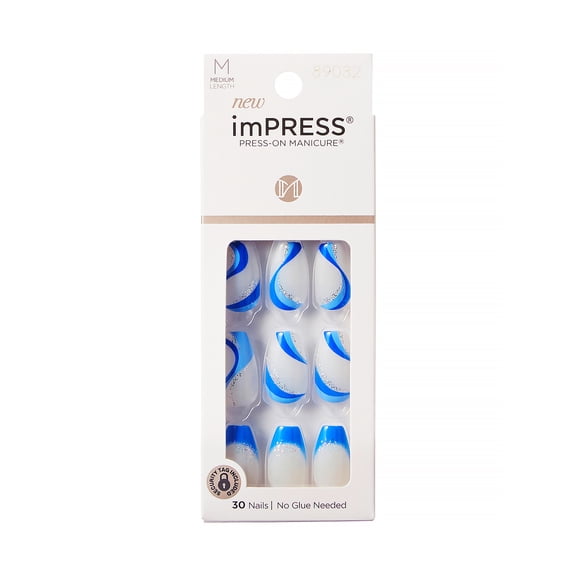 Impress Design Press-On Nails, No Glue Needed, Blue, Medium Coffin, 30 Ct.