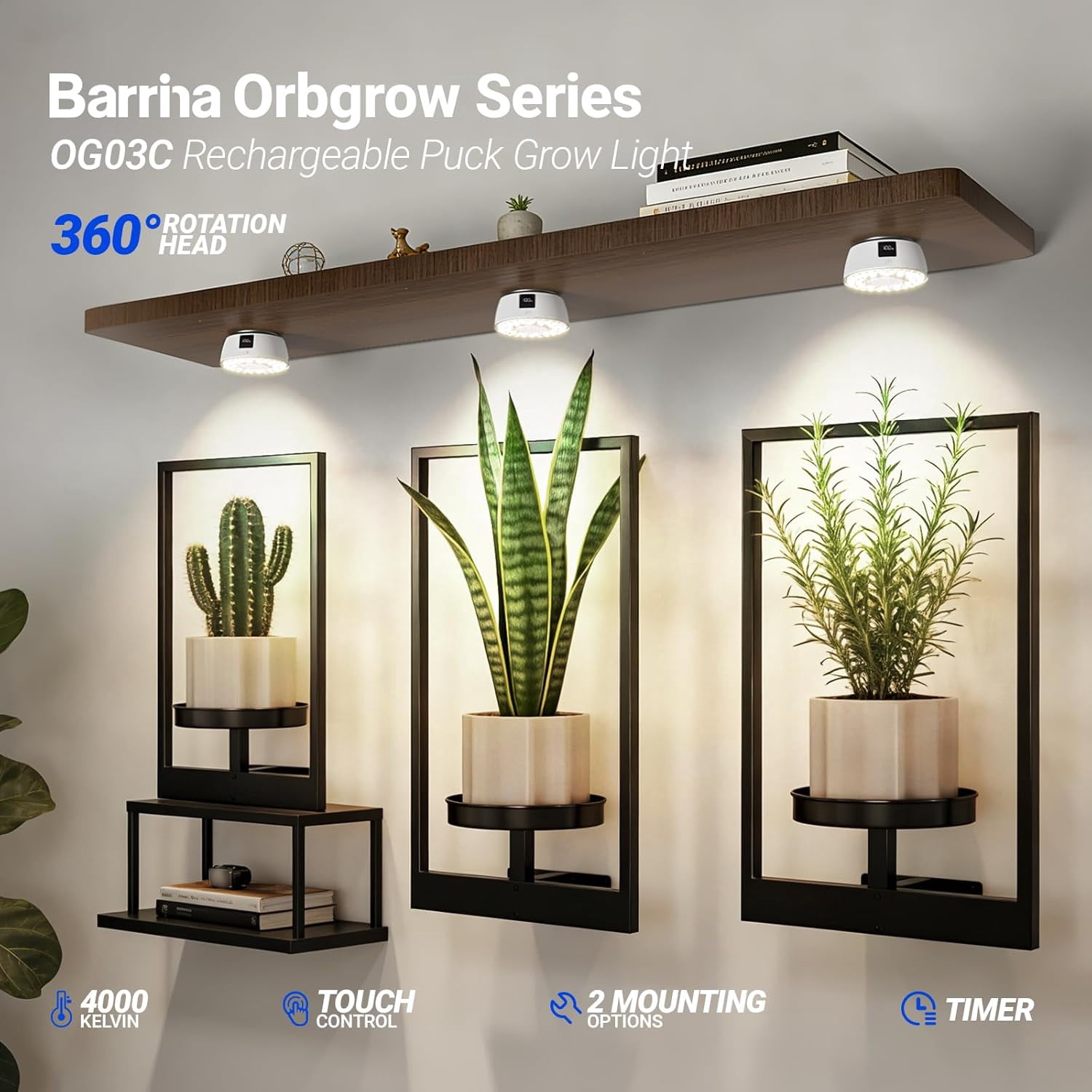 Barrina 1-Pack Orbgrow OG03C Rechargeable Puck Grow Light 4000K Cordless Full Spectrum Plant Light for Indoor Plants Magnetic & Touch Switch with Timer Small Grow Lamp for Plant Shelf White