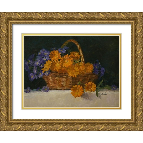 Strube, Ling 14x12 Gold Ornate Wood Framed with Double Matting Museum Art Print Titled - Flower Basket