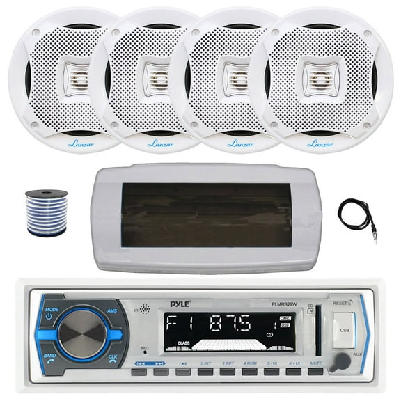 Pyle PLMRB29W Single DIN Bluetooth Marine MP3 AM/FM Stereo Receiver with White Cover, 22" Radio Antenna, Wire, 4x 6.5" 400W Max 2-Way Water Resistant Audio Speakers (White)
