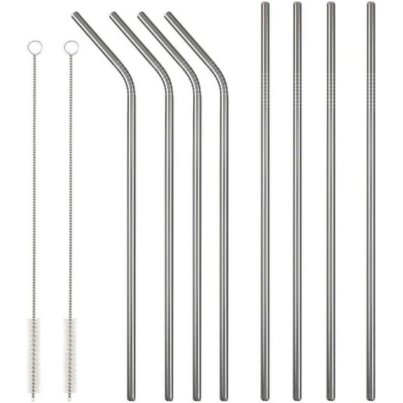 16 Pcs Bulk Stainless Steel Straws Set, Straight & Bent Metal Straws with Anti-Slip Rings & Cleaning Brushes for 20oz/30oz Tumblers
