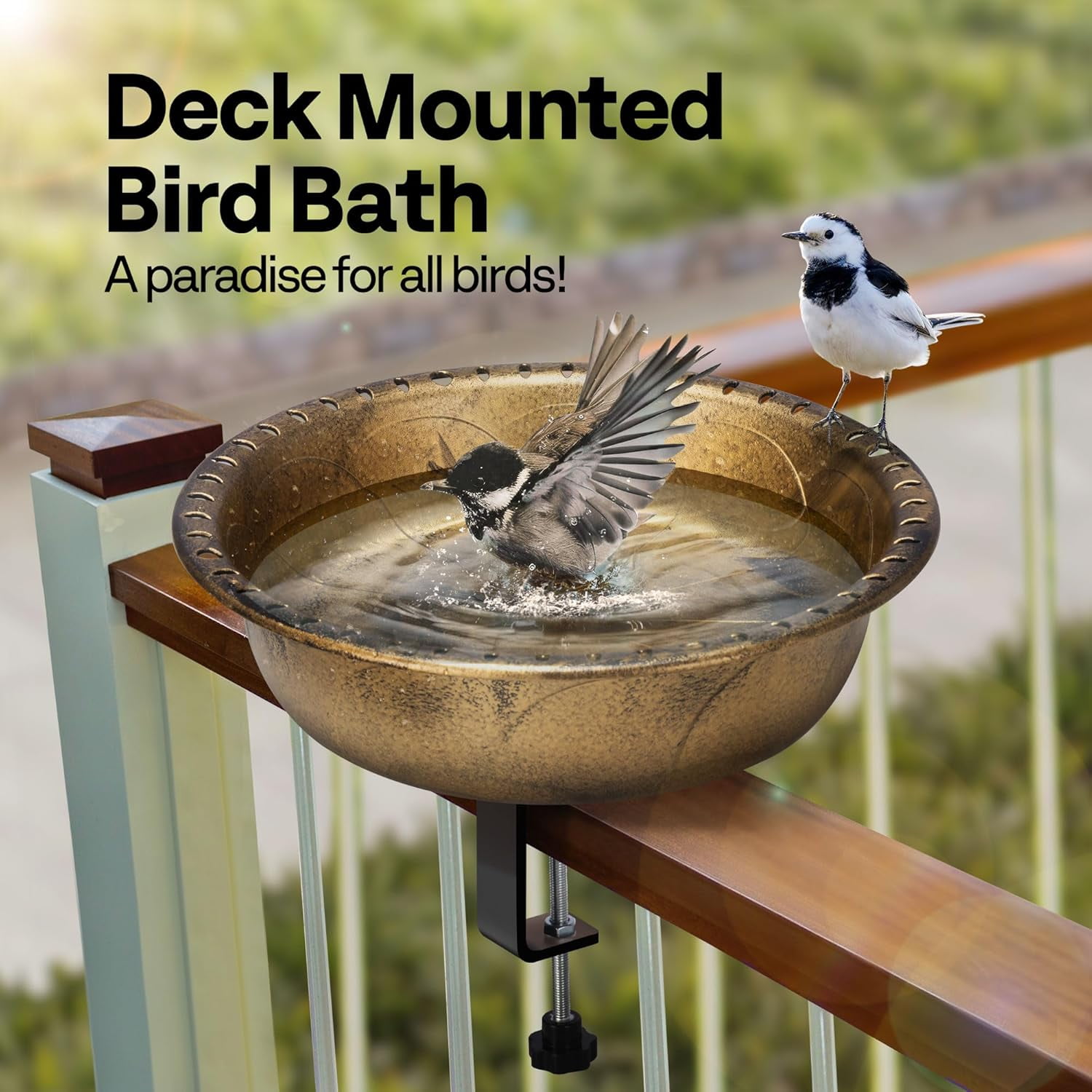 SPECSTAR Deck Mounted Polyresin Bird Bath with Adjustable Sturdy Metal Clamp for Railings up to 3.9 Inch, Capacity 1.4 Gallons for Patio, Gardens, Yard, Deck, Copper