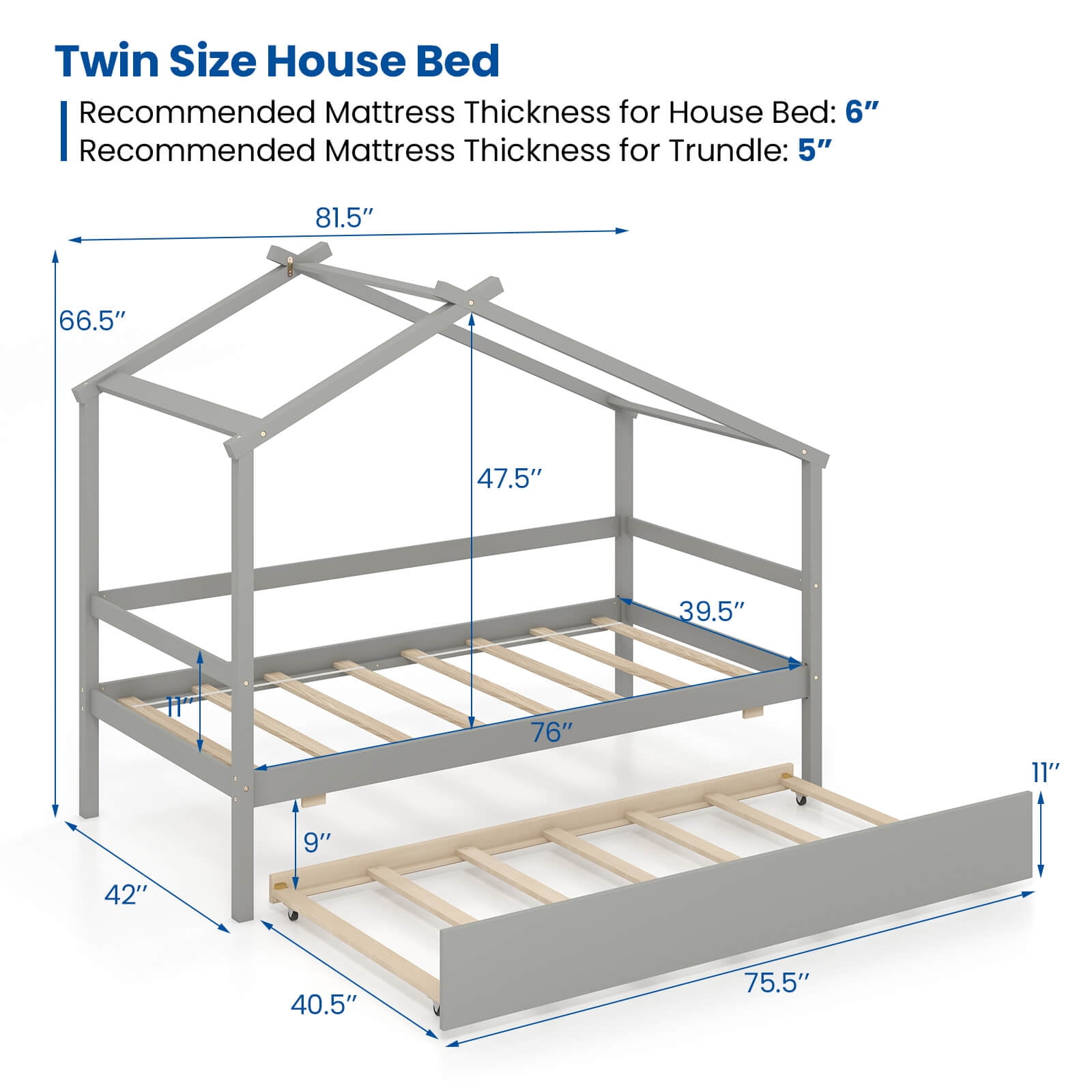 Infans Twin House Bed with Trundle with Roof and Fence Rails Wooden Platform Bed Frame