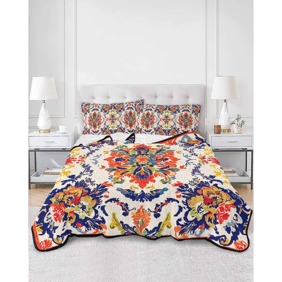 Quilts Twin Size, Boho Flowers Soft Comforter Bedding Set for Bed, Abstract Bohemian Colorful Retro Floral Lightweight Quilted Bedspread with Pillow Cover(2 Pieces) for All Season, 68x86 Inch
