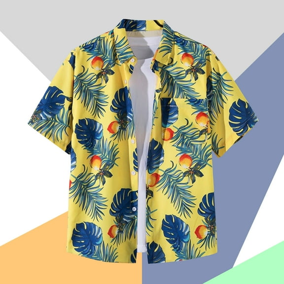 Vetsdori Pattern T-Shirts for Men Short sleeve Button Yellow Crew Neck Hawaii Vintage Collared Mens T-Shirts Outdoor