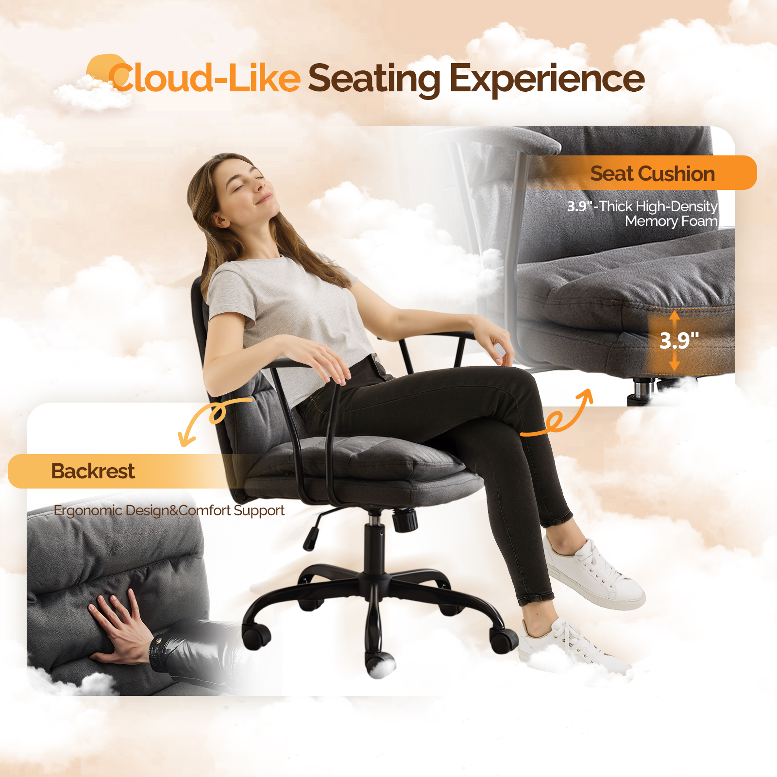 Ktaxon Office Chair with Armrests, Linen Fabric Desk Chair with Wheels, Swivel Task Chair for Study Room or Dressing Vanity Area Dark Gray