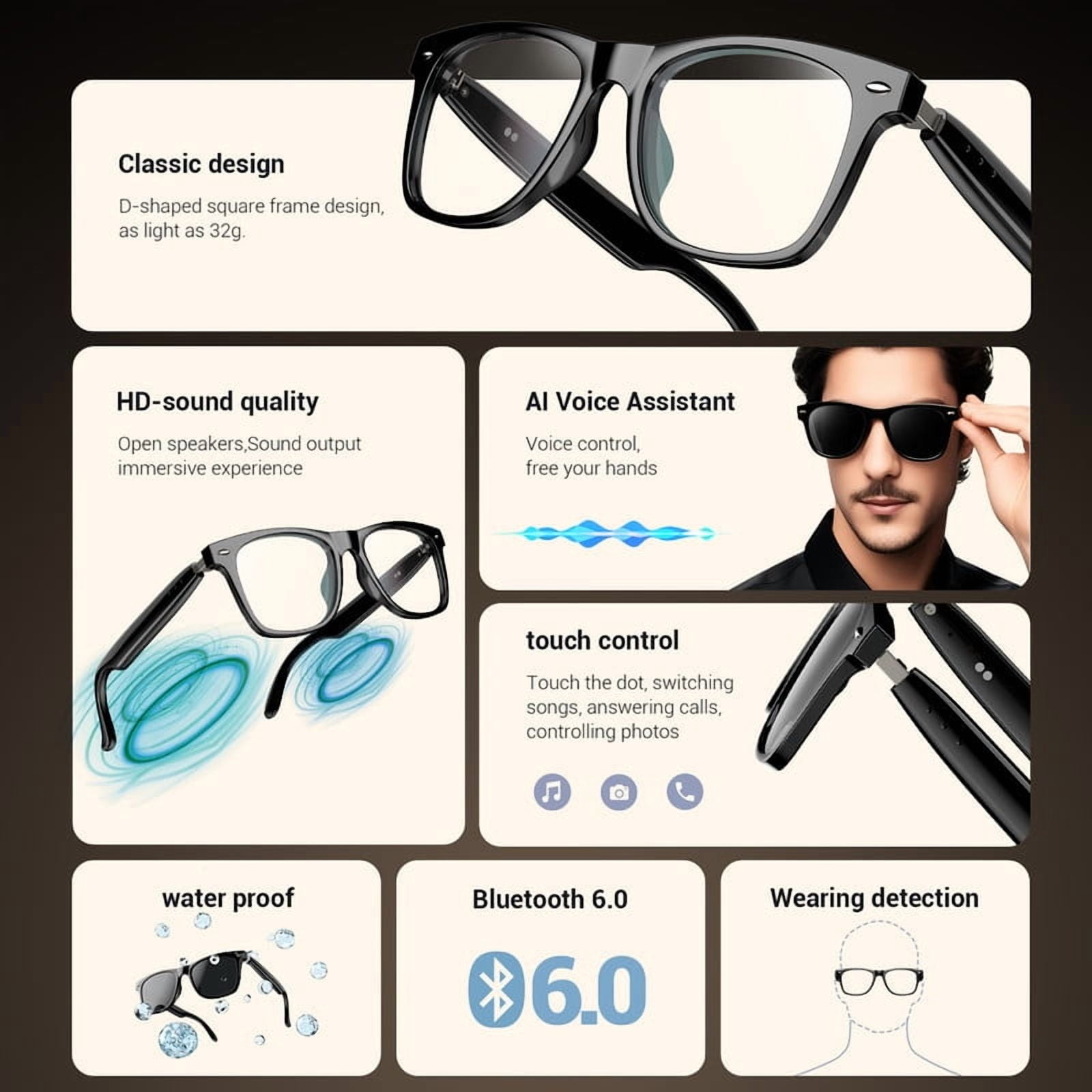 Blackview Smart Glasses with Polarized Sunglasses Lens, Bluetooth Open Ear Headphones, Voice Assistant, Touch Control, Blue Light Blocking, Lightweight for Travel Outdoor Driving