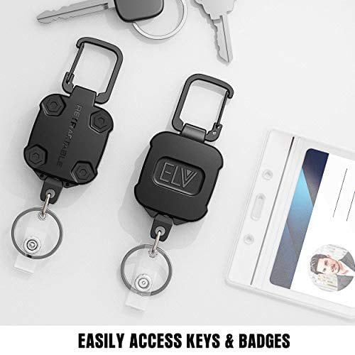 HEIBIN 2 Pack ELV Self Retractable ID Badge Holder Key Reel, Heavy Duty, 32  Inches Cord, Carabiner Key Chain, Retractable Keychain Key Holder, Hold Up  to 15 Keys and Tools (Black)